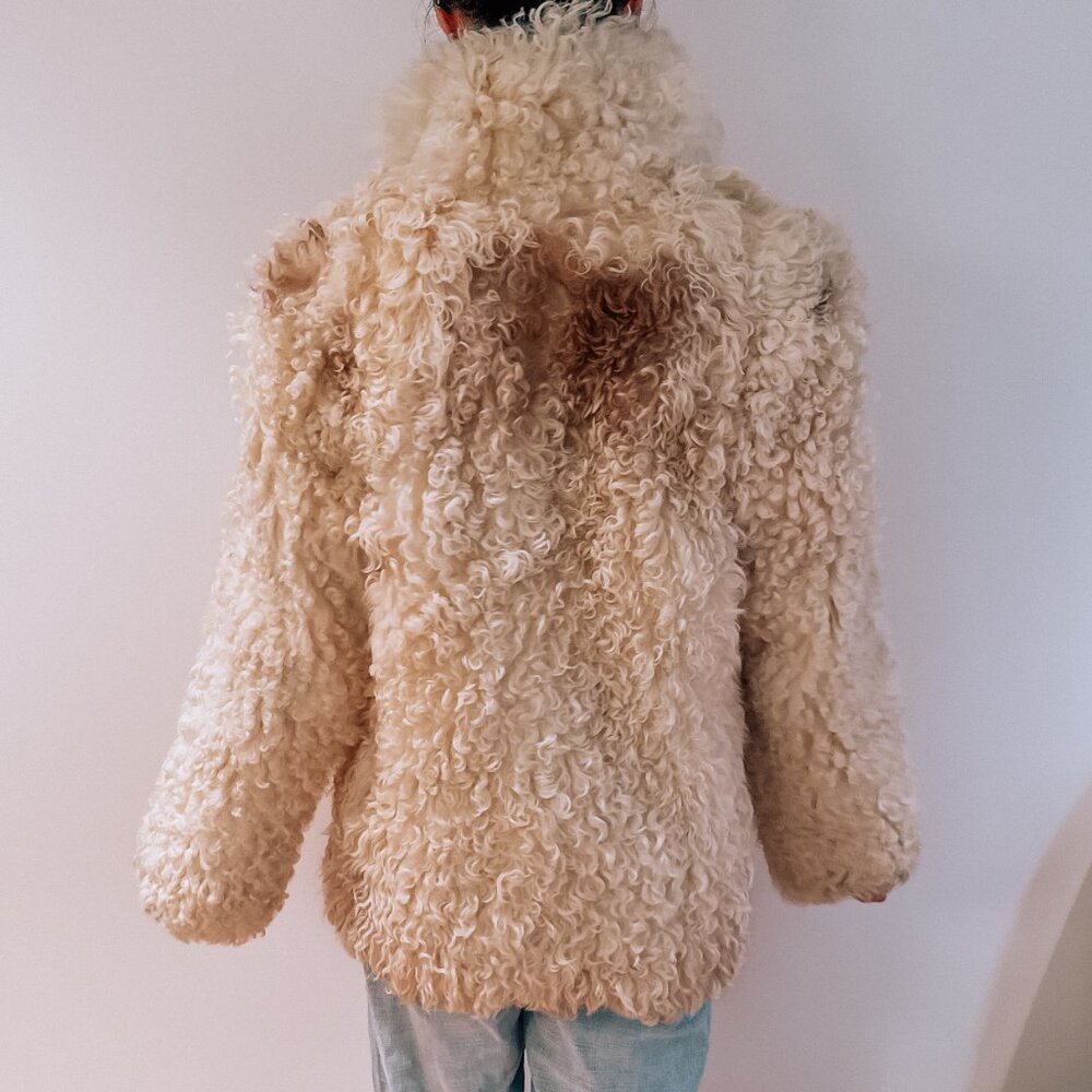 Vintage Persian Curly Geunuine Lamb Afghan Fur Coat White Spotted Jacket S/M - Picture 2 of 8